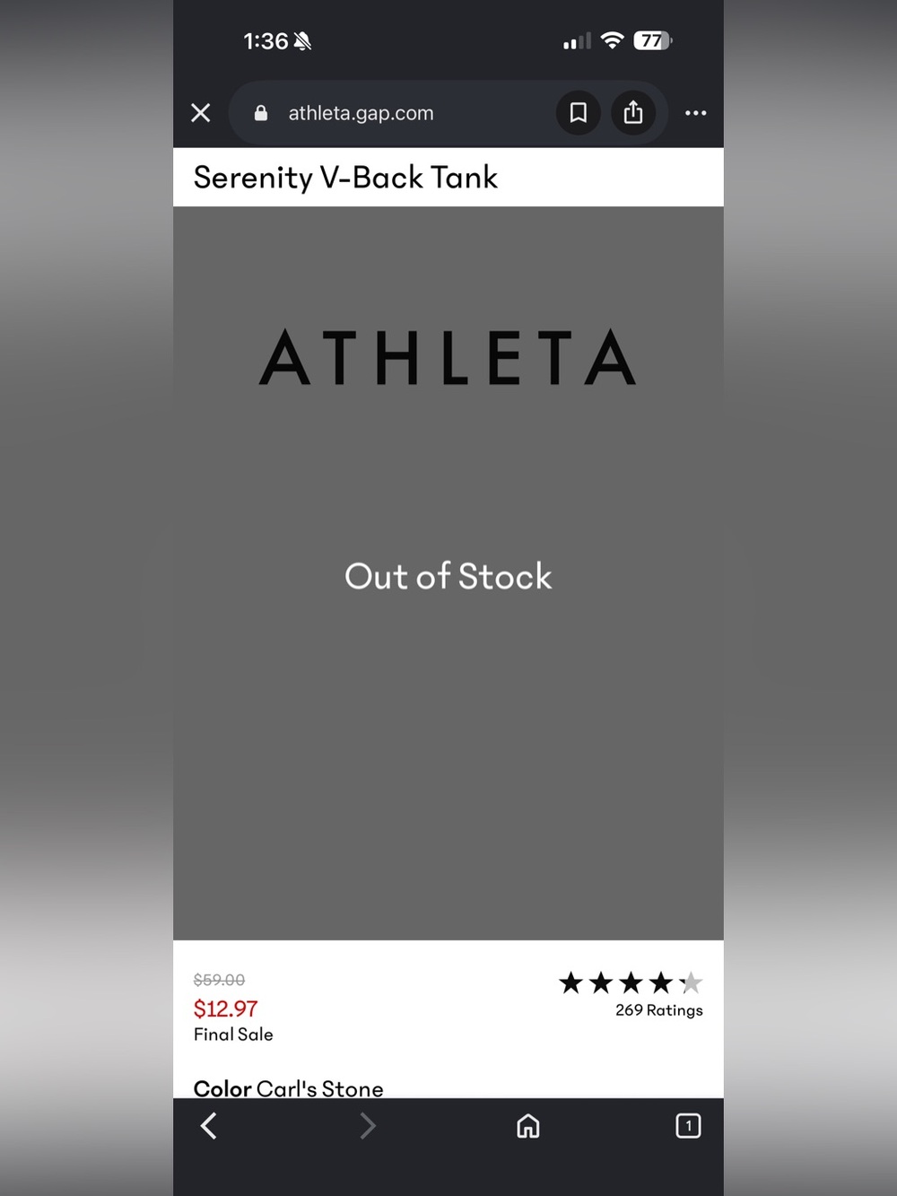 Athleta Women’s Carl Stone Light Gray Serenity V-Back Athletic Tank - Picture 5 of 11
